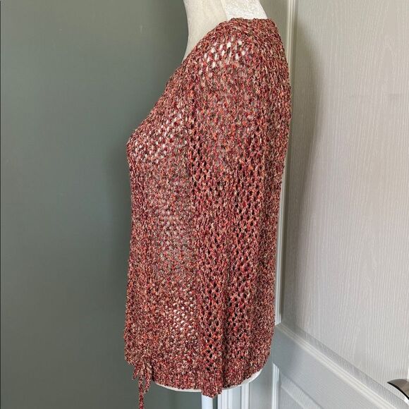 Ruby Rd. Red Multi Color Open Knit Top with Drawstring to cinch on one side - Picture 5 of 10